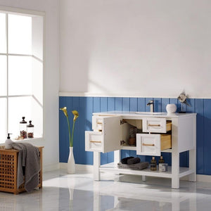 Vinnova Vanity Vinnova Grayson 48" Single Vanity in White and Composite Carrara White Stone Countertop Without Mirror