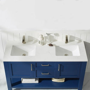 Vinnova Vanity Vinnova Grayson 60" Double Vanity in Jewelry Blue and Composite Carrara White Stone Countertop With Mirror