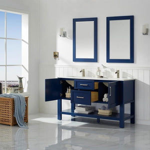 Vinnova Vanity Vinnova Grayson 60" Double Vanity in Jewelry Blue and Composite Carrara White Stone Countertop With Mirror
