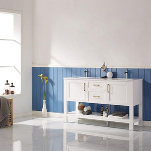 Vinnova Vanity Vinnova Grayson 60" Double Vanity in White and Composite Carrara White Stone Countertop Without Mirror