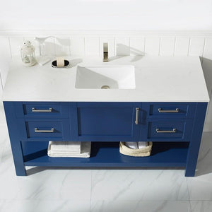 Vinnova Vanity Vinnova Grayson 60" Single Vanity in Jewelry Blue and Composite Carrara White Stone Countertop Without Mirror