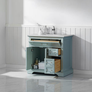 Vinnova Vanity Vinnova Lorna 36" Single Vanity in Finnish Green and Composite Carrara White Stone Countertop Without Mirror