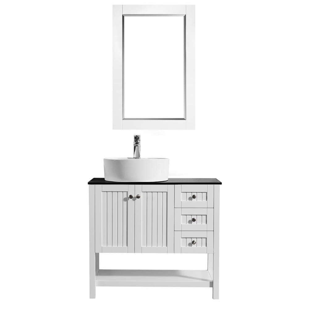 Vinnova Vanity Vinnova Modena 36” Vanity in White with Glass Countertop with White Vessel Sink With Mirror