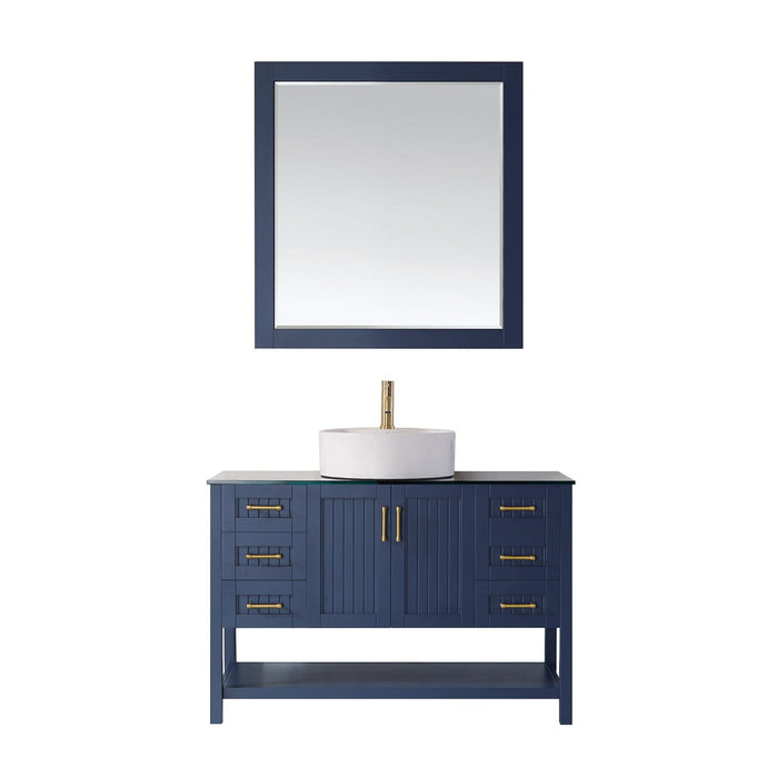 Vinnova Vanity Vinnova Modena 48” Vanity in Royal Blue with Glass Countertop with White Vessel Sink With Mirror