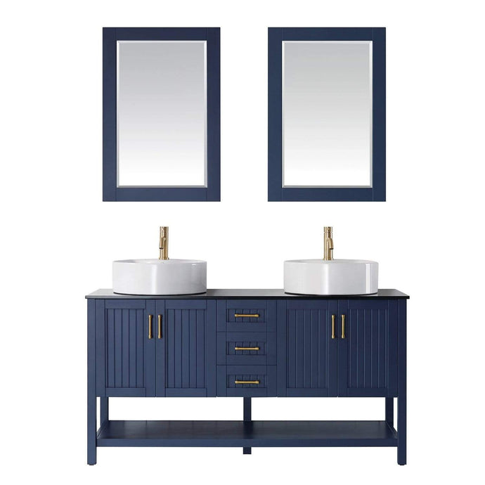 Vinnova Vanity Vinnova Modena 60” Double Vanity in Royal Blue with Glass Countertop with White Vessel Sink With Mirror