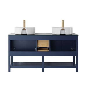 Vinnova Vanity Vinnova Modena 60” Double Vanity in Royal Blue with Glass Countertop with White Vessel Sink With Mirror