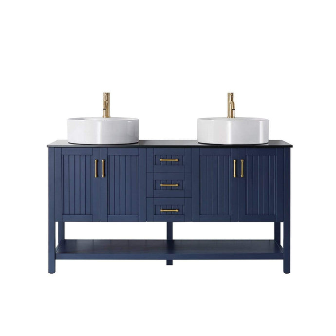 Vinnova Vanity Vinnova Modena 60” Double Vanity in Royal Blue with Glass Countertop with White Vessel Sink Without Mirror