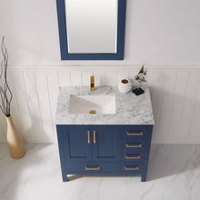 Load image into Gallery viewer, Vinnova Vanity Vinnova Shannon 36&quot; Single Vanity in Royal Blue and Composite Carrara White Stone Countertop With Mirror