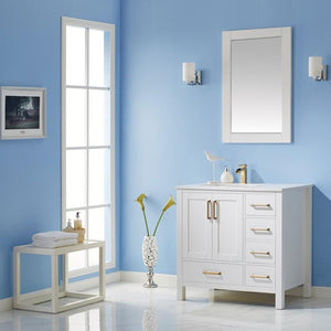 Vinnova Vanity Vinnova Shannon 36" Single Vanity in White and Composite Carrara White Stone Countertop With Mirror