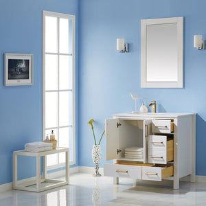 Vinnova Vanity Vinnova Shannon 36" Single Vanity in White and Composite Carrara White Stone Countertop With Mirror