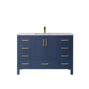 Vinnova Vanity Vinnova Shannon 48" Single Vanity in Royal Blue and Composite Carrara White Stone Countertop Without Mirror
