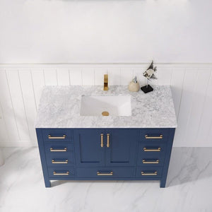 Vinnova Vanity Vinnova Shannon 48" Single Vanity in Royal Blue and Composite Carrara White Stone Countertop Without Mirror