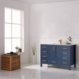 Vinnova Vanity Vinnova Shannon 48" Single Vanity in Royal Blue and Composite Carrara White Stone Countertop Without Mirror