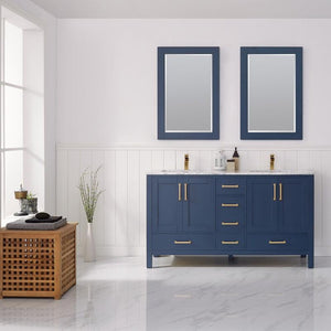 Vinnova Vanity Vinnova Shannon 60" Double Vanity in Royal Blue and Composite Carrara White Stone Countertop With Mirror