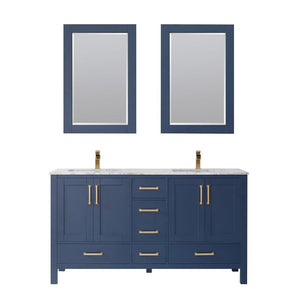 Vinnova Vanity Vinnova Shannon 60" Double Vanity in Royal Blue and Composite Carrara White Stone Countertop With Mirror