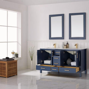 Vinnova Vanity Vinnova Shannon 60" Double Vanity in Royal Blue and Composite Carrara White Stone Countertop With Mirror