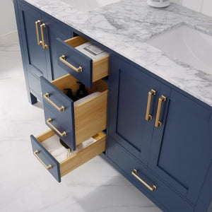 Vinnova Vanity Vinnova Shannon 60" Double Vanity in Royal Blue and Composite Carrara White Stone Countertop With Mirror