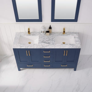 Vinnova Vanity Vinnova Shannon 60" Double Vanity in Royal Blue and Composite Carrara White Stone Countertop With Mirror