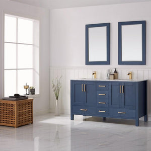 Vinnova Vanity Vinnova Shannon 60" Double Vanity in Royal Blue and Composite Carrara White Stone Countertop With Mirror