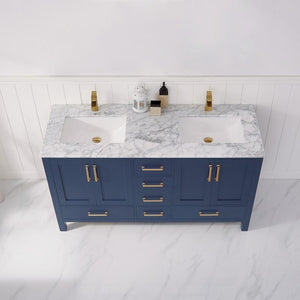 Vinnova Vanity Vinnova Shannon 60" Double Vanity in Royal Blue and Composite Carrara White Stone Countertop Without Mirror