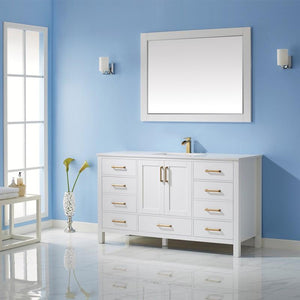 Vinnova Vanity Vinnova Shannon 60" Single Vanity in White and Composite Carrara White Stone Countertop With Mirror