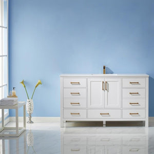 Vinnova Vanity Vinnova Shannon 60" Single Vanity in White and Composite Carrara White Stone Countertop Without Mirror