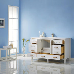 Vinnova Vanity Vinnova Shannon 60" Single Vanity in White and Composite Carrara White Stone Countertop Without Mirror