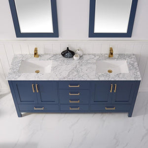 Vinnova Vanity Vinnova Shannon 72" Double Vanity in Royal Blue and Composite Carrara White Stone Countertop With Mirror