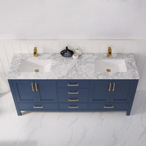 Vinnova Vanity Vinnova Shannon 72" Double Vanity in Royal Blue and Composite Carrara White Stone Countertop Without Mirror