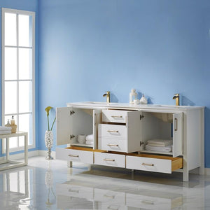 Vinnova Vanity Vinnova Shannon 72" Double Vanity in White and Composite Carrara White Stone Countertop Without Mirror