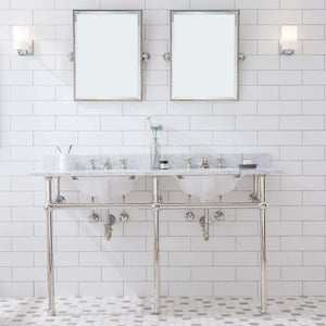 Water Creation Vanity Embassy 60 Inch Wide Double Wash Stand, P-Trap, Counter Top with Basin, and F2-0009 Faucet included in Polished Nickel (PVD) Finish