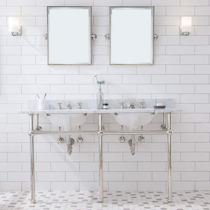 Water Creation Vanity Embassy 60 Inch Wide Double Wash Stand, P-Trap, Counter Top with Basin, and F2-0009 Faucet included in Polished Nickel (PVD) Finish