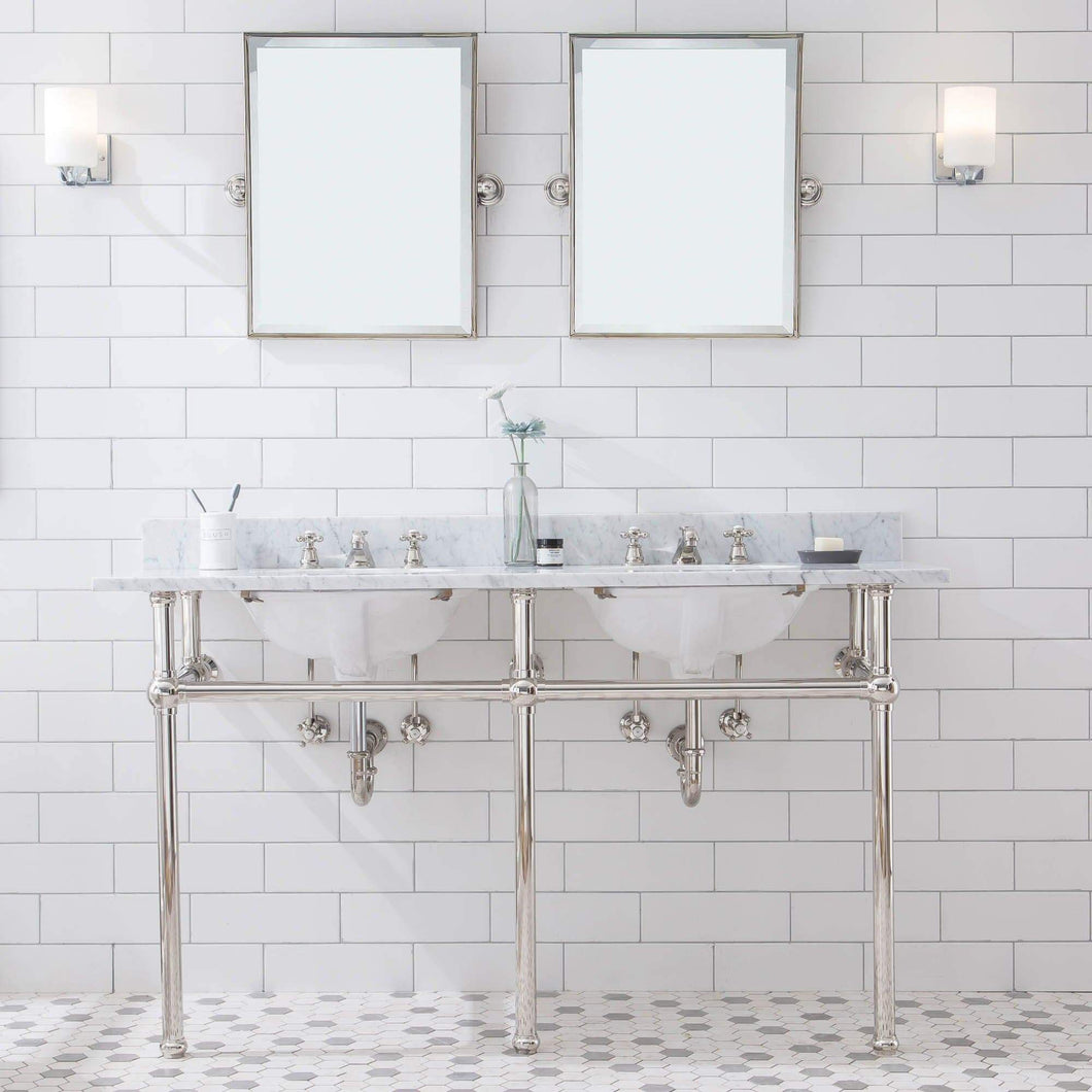 Water Creation Vanity Embassy 60 Inch Wide Double Wash Stand, P-Trap, Counter Top with Basin, and F2-0009 Faucet included in Polished Nickel (PVD) Finish