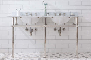 Water Creation Vanity Embassy 60 Inch Wide Double Wash Stand, P-Trap, Counter Top with Basin, and F2-0009 Faucet included in Polished Nickel (PVD) Finish