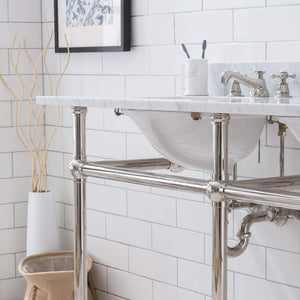 Water Creation Vanity Embassy 60 Inch Wide Double Wash Stand, P-Trap, Counter Top with Basin, and F2-0009 Faucet included in Polished Nickel (PVD) Finish