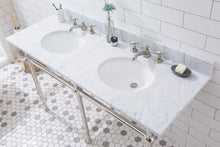 Load image into Gallery viewer, Water Creation Vanity Embassy 60 Inch Wide Double Wash Stand, P-Trap, Counter Top with Basin, and F2-0009 Faucet included in Polished Nickel (PVD) Finish