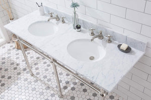 Water Creation Vanity Embassy 60 Inch Wide Double Wash Stand, P-Trap, Counter Top with Basin, and F2-0009 Faucet included in Polished Nickel (PVD) Finish