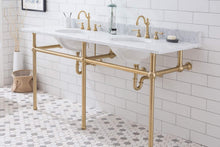 Load image into Gallery viewer, Water Creation Vanity Embassy 72 Inch Wide Double Wash Stand, P-Trap, and Counter Top with Basin included in Satin Gold Finish