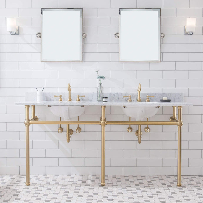 Water Creation Vanity Satin Brass Water Creation Embassy 72 Inch Wide Double Wash Stand, P-Trap, Countertop with Basin