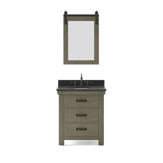Water Creation Vanity Water Creation AB30BL03GG-P24TL1203 Aberdeen 30 Inch Single Sink Blue Limestone Countertop Vanity in Grizzle Gray with Hook Faucet and Mirror
