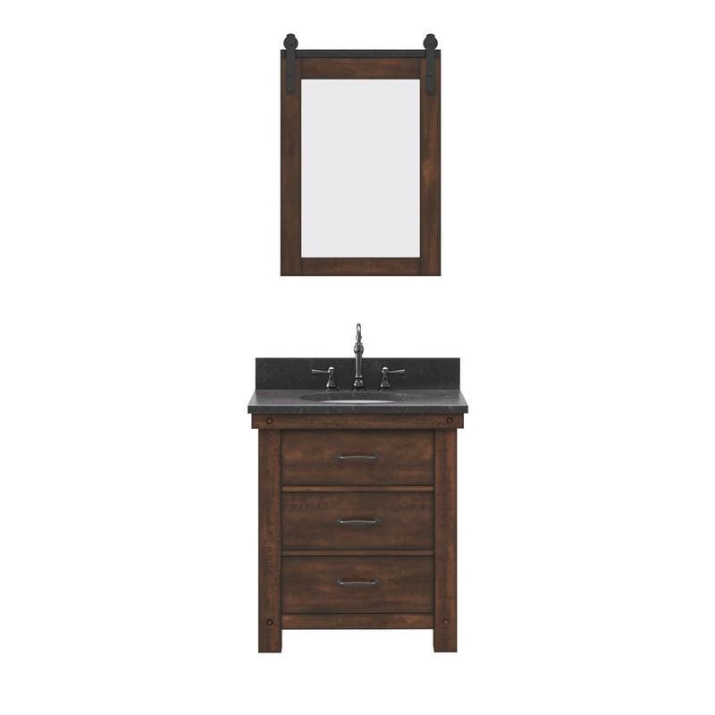 Water Creation Vanity Water Creation AB30BL03RS-P24TL1203 Aberdeen 30 Inch Single Sink Blue Limestone Countertop Vanity in Rustic Sienna with Hook Faucet and Mirror