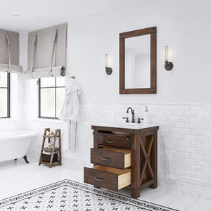 Water Creation Vanity Water Creation AB30CW03RS-A24TL1203 Aberdeen 30 Inch Single Sink Carrara White Marble Countertop Vanity in Rustic Sierra with Hook Faucet and Mirror