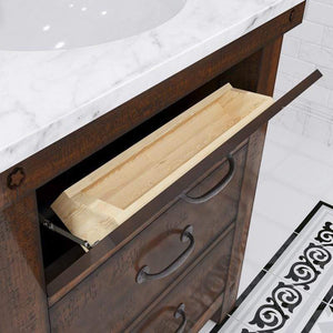 Water Creation Vanity Water Creation AB30CW03RS-A24TL1203 Aberdeen 30 Inch Single Sink Carrara White Marble Countertop Vanity in Rustic Sierra with Hook Faucet and Mirror