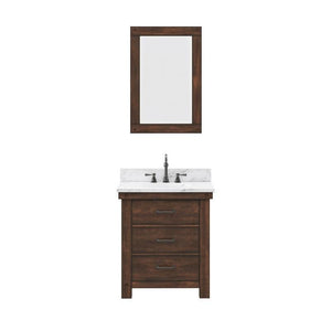 Water Creation Vanity Water Creation AB30CW03RS-A24TL1203 Aberdeen 30 Inch Single Sink Carrara White Marble Countertop Vanity in Rustic Sierra with Hook Faucet and Mirror