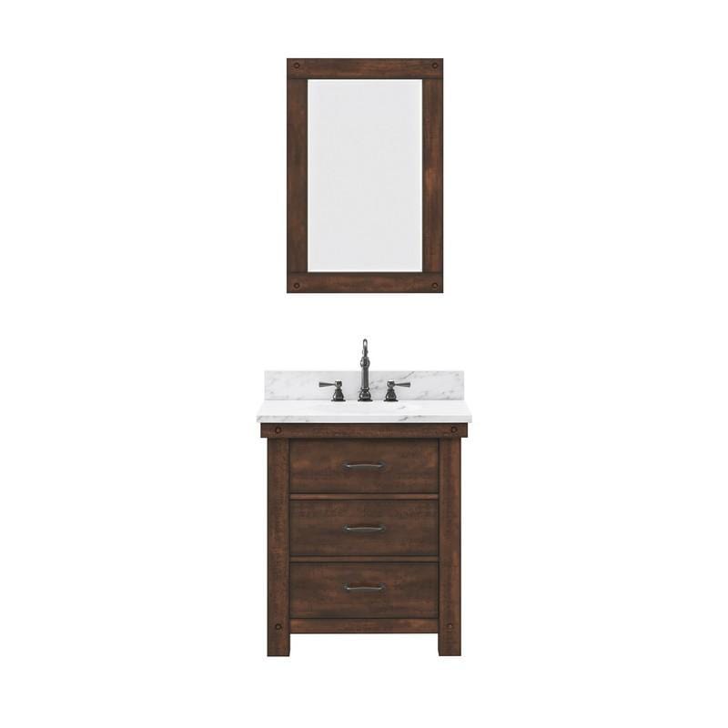 Water Creation Vanity Water Creation AB30CW03RS-A24TL1203 Aberdeen 30 Inch Single Sink Carrara White Marble Countertop Vanity in Rustic Sierra with Hook Faucet and Mirror