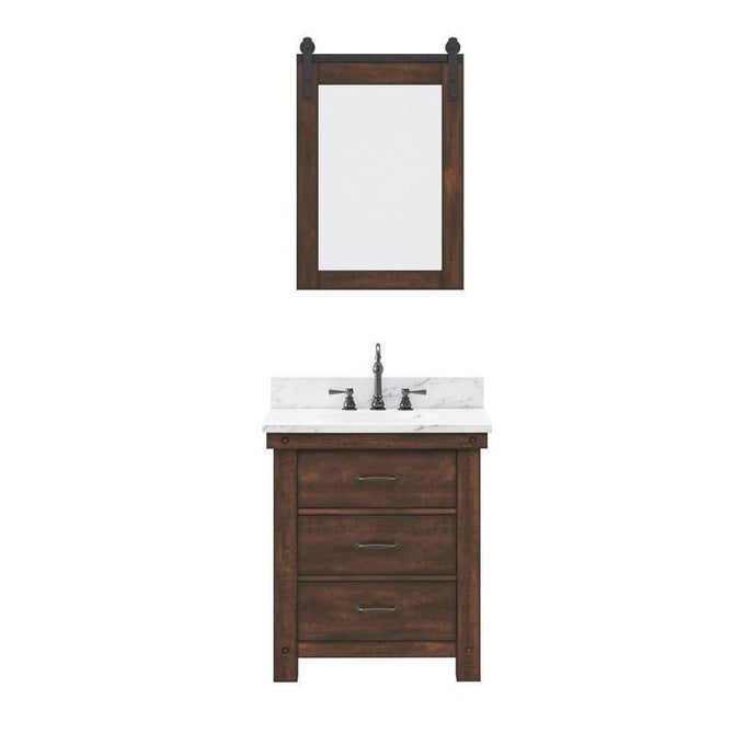 Water Creation Vanity Water Creation AB30CW03RS-P24TL1203 Aberdeen 30 Inch Single Sink Carrara White Marble Countertop Vanity in Rustic Sierra with Hook Faucet and Mirror