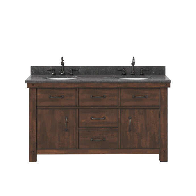 Water Creation Vanity Water Creation AB60BL03RS-000TL1203 Aberdeen 60 In. Double Sink Blue Limestone Countertop Vanity in Rustic Sierra with Hook Faucets