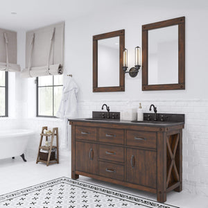 Water Creation Vanity Water Creation AB60BL03RS-A24TL1203 Aberdeen 60 In. Double Sink Blue Limestone Countertop Vanity in Rustic Sierra with Hook Faucets and Mirrors