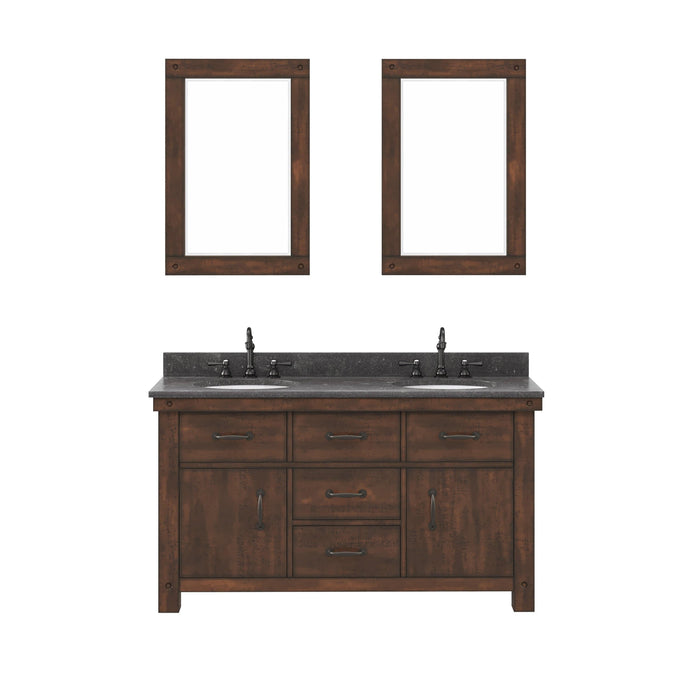 Water Creation Vanity Water Creation AB60BL03RS-A24TL1203 Aberdeen 60 In. Double Sink Blue Limestone Countertop Vanity in Rustic Sierra with Hook Faucets and Mirrors