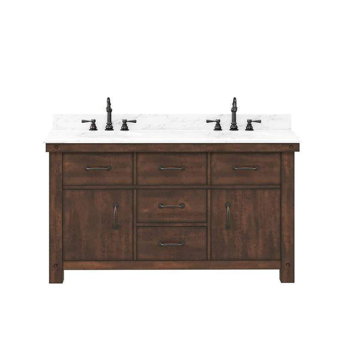 Water Creation Vanity Water Creation AB60CW03RS-000TL1203 Aberdeen 60 Inch Double Sink Carrara White Marble Countertop Vanity in Rustic Sierra with Hook Faucets